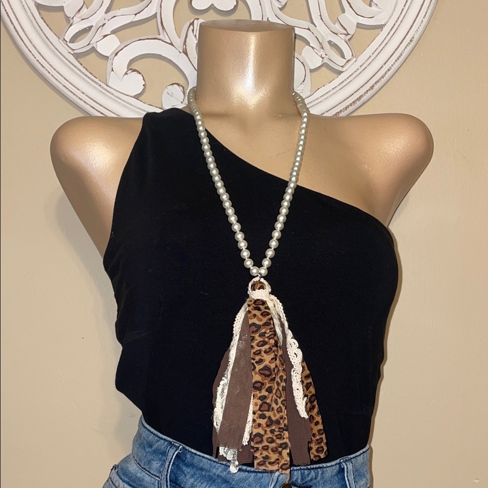 Boutique womens long necklace pearl fabric tassel cream lace cheetah brown